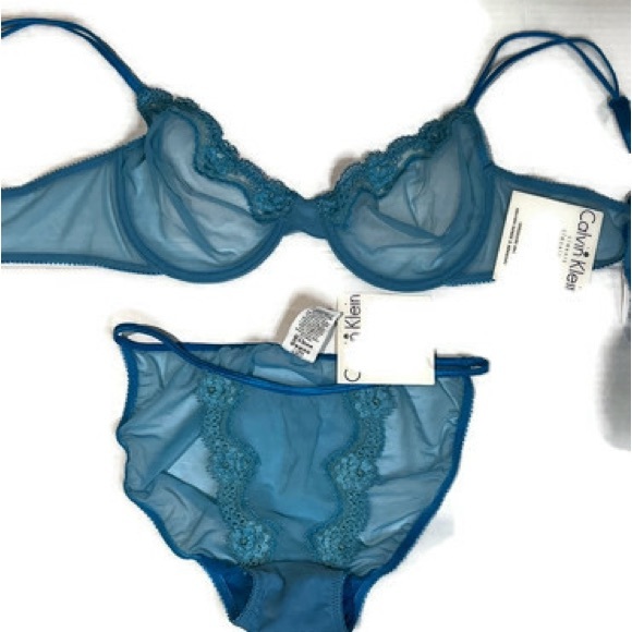 NWT Calvin Klein aqua blue sheer bra 36C, string bikini Medium AND thong, 3 pcs. - Picture 2 of 16